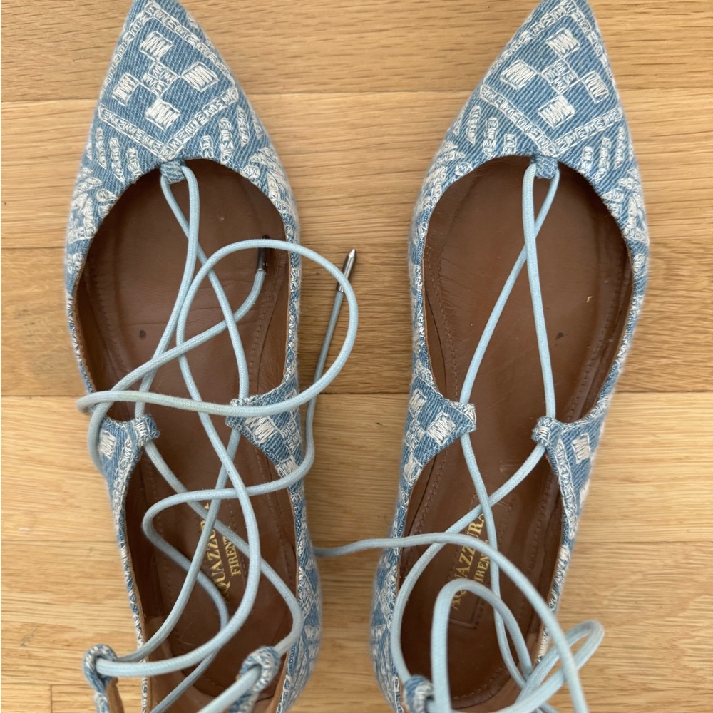 Aquazzura Lace-Up Flats | light denim blue embroidered | pointed toe | size 36